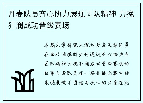 丹麦队员齐心协力展现团队精神 力挽狂澜成功晋级赛场