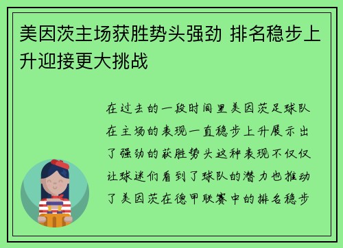 美因茨主场获胜势头强劲 排名稳步上升迎接更大挑战