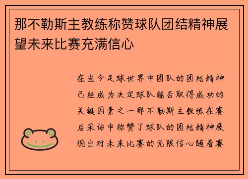 那不勒斯主教练称赞球队团结精神展望未来比赛充满信心