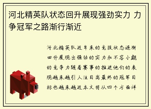 河北精英队状态回升展现强劲实力 力争冠军之路渐行渐近
