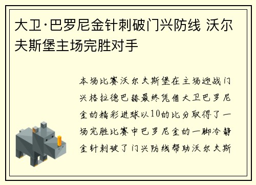 大卫·巴罗尼金针刺破门兴防线 沃尔夫斯堡主场完胜对手